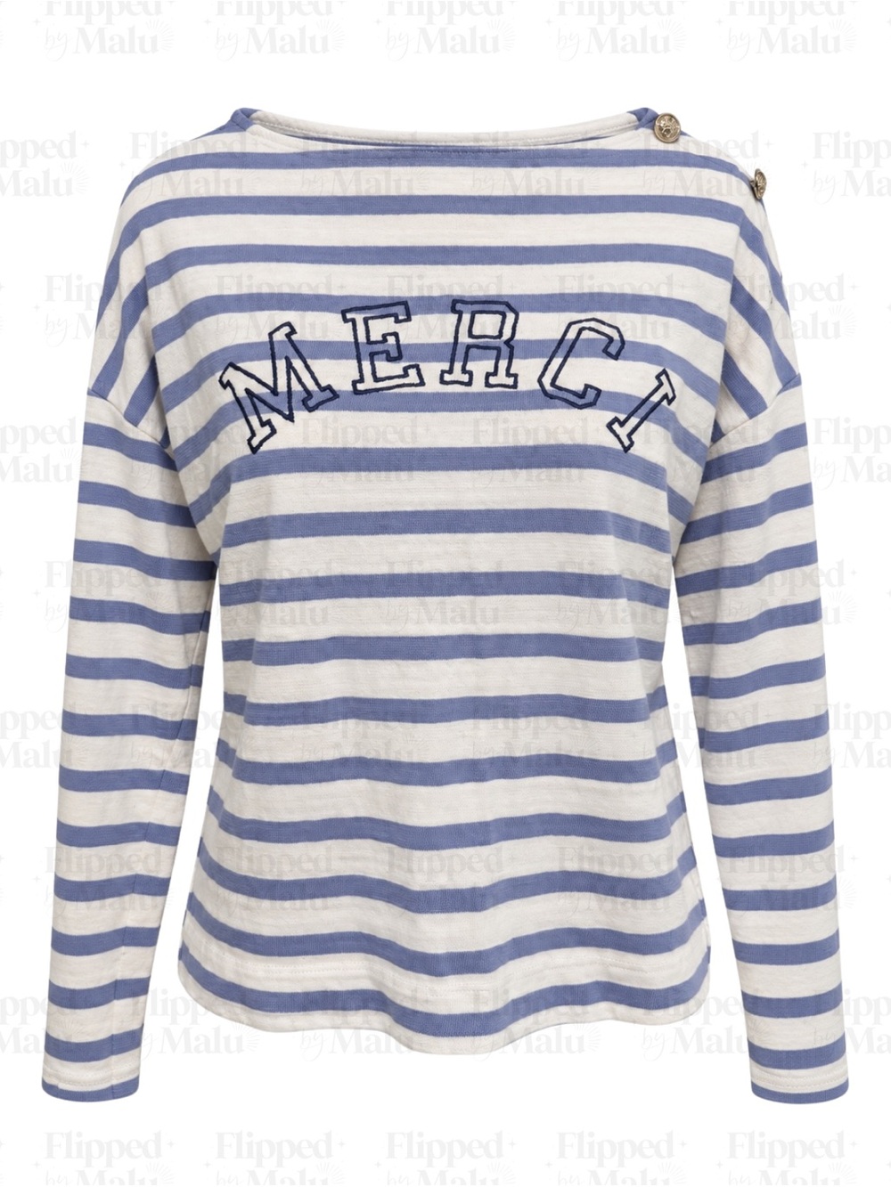LOFT Merci Striped Harbor Tee Blue White Button Shoulder Size S